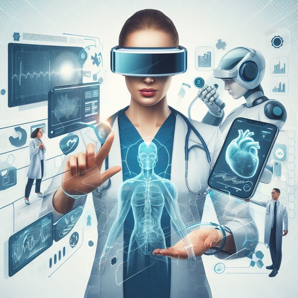 Médica com óculos de Realidade Virtual tocando na tela, e elementos de saúde e tecnologia ao redor dela.